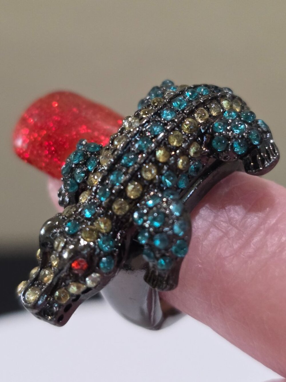 Vintage Alligator Crocodile Statement Ring Rhinestone Gunmetal Gray Stretch Ring